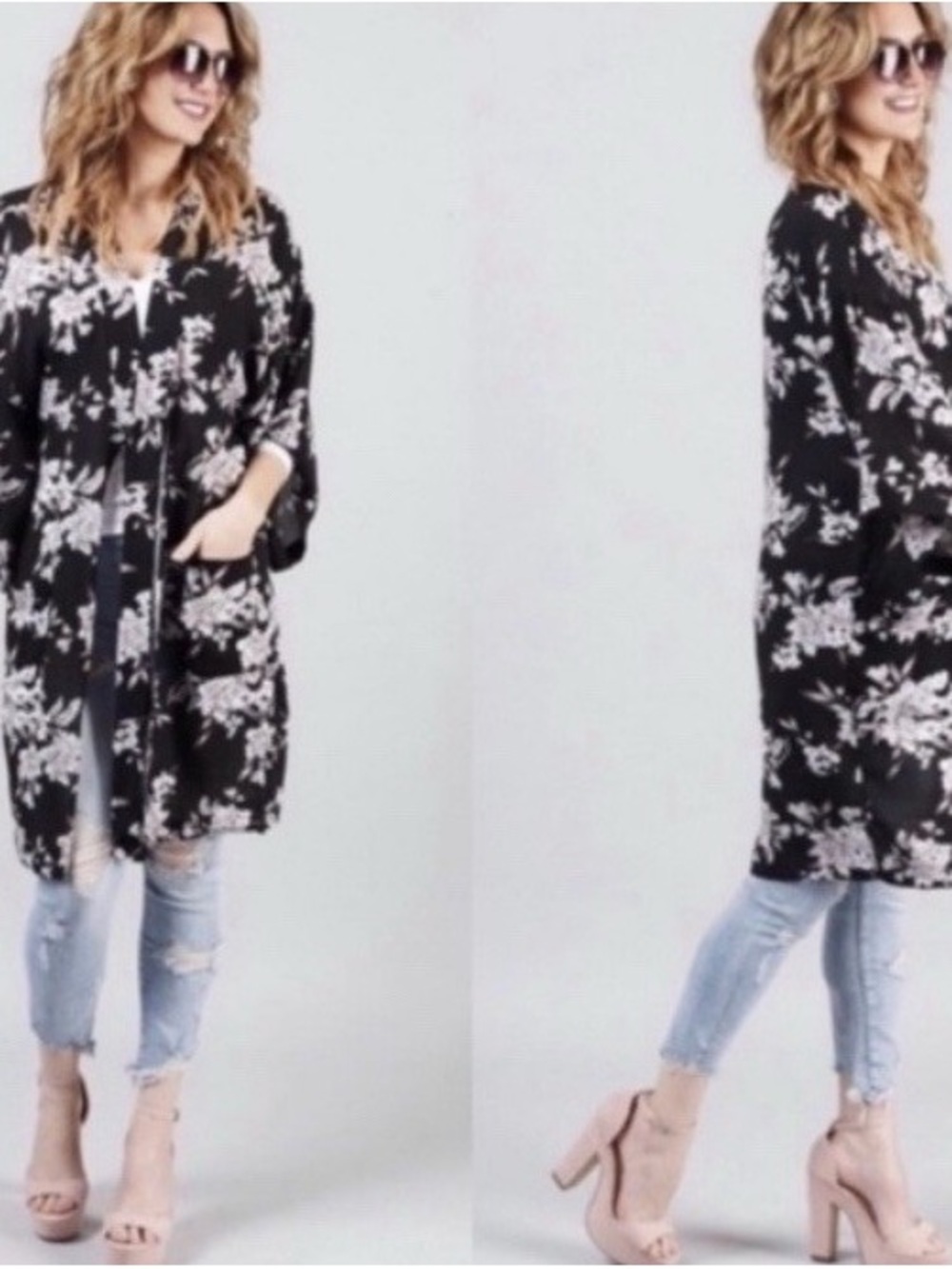 Spiritual Gangster Black & White Floral Open-Front Kimono Sweater